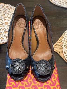 Tory Burch Navy Blue Textured Peep-Toe Wedges